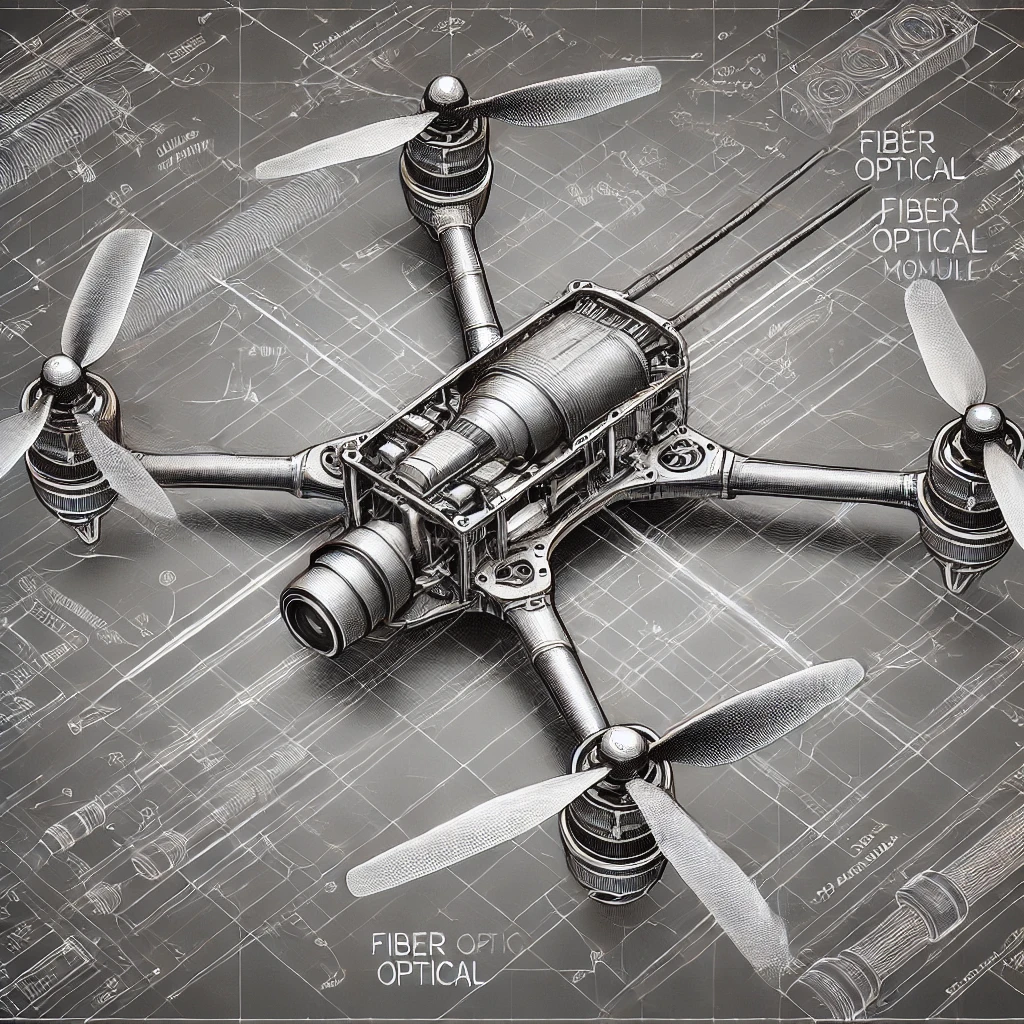 DALL·E 2025-03-24 19.03.52 - A technical sketch of an FPV drone equipped with a fiber optical module. The drone has a sleek, aerodynamic design with four rotors, a compact camera